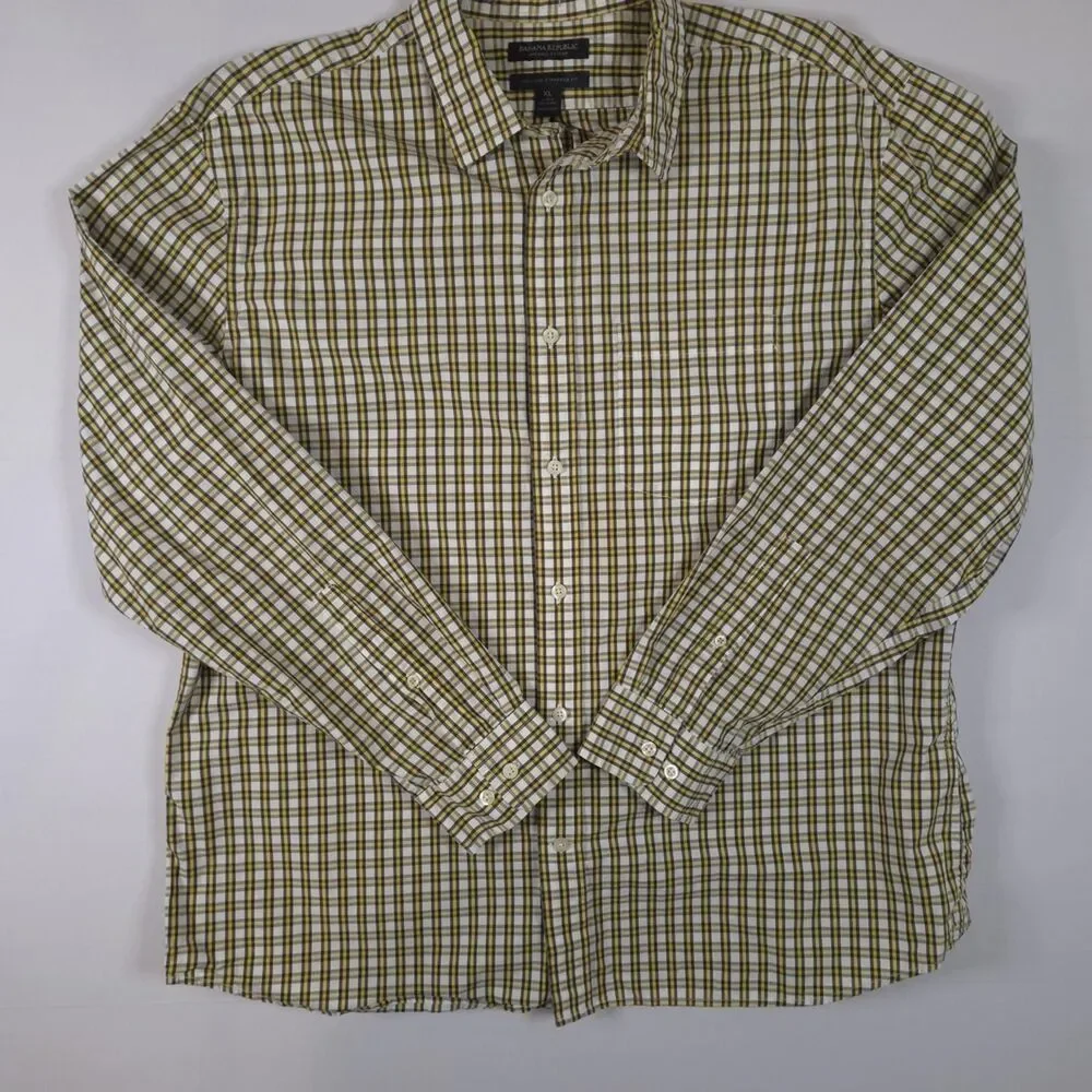 Banana Republic Men's Checkered Button-Down Cotton Shirt Yellow/White Size XL